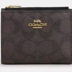 Coach Women’s Bifold Dark Brown Wallet with Signature logo Gold Accents